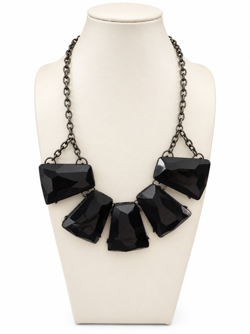 Premier Designs Black Faceted Statement Necklace Gunmetal Tone Signed